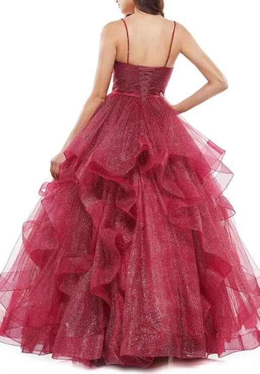 Elegant Ball Gown Spaghetti Straps Burgundy Layers Tulle Long Prom Dresses Inspiration Trending Evening Gowns Formal Dress RB787