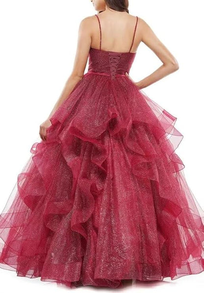 Elegant Ball Gown Spaghetti Straps Burgundy Layers Tulle Long Prom Dresses Inspiration Trending Evening Gowns Formal Dress RB787