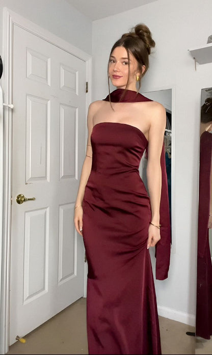 Elegant Mermaid Strapless Burgundy Satin Senior Aesthetic Prom Dresses Prom Gowns Birthday Outfits Graduation Dress RB795