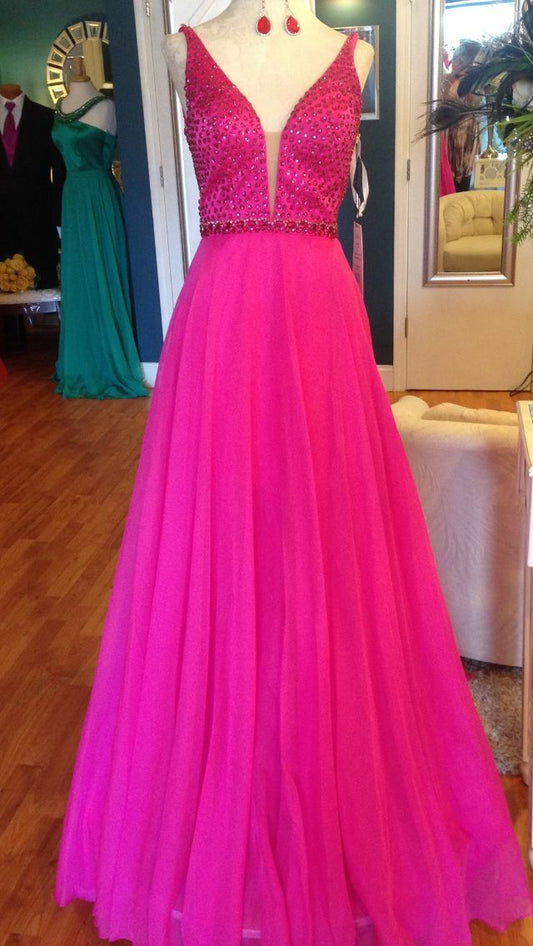 Cute A line V Neck Tulle Hot Pink Prom Dresses Party Dress 21st Birthday Outfits Senior Graduation Dress RB796