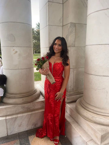 Modest Mermaid Spaghetti Straps Red Lace Sleeveless Slit Long Prom Dresses Party Dress 21st Birthday Outfits Graduation Dress RB711