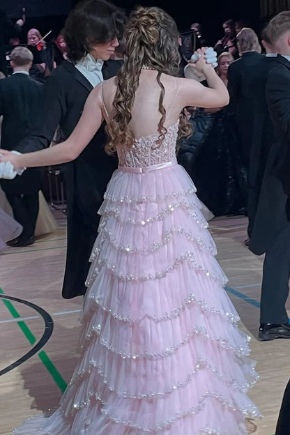Cute Ball Gown Blush Pink Tulle Lace Prom Dresses Party Dress 20th Birthday Outfits Graduation Dress RB807
