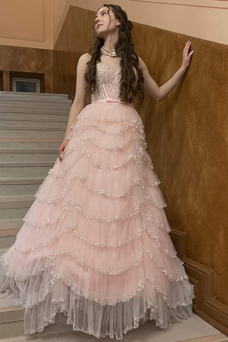 Cute Ball Gown Blush Pink Tulle Lace Prom Dresses Party Dress 20th Birthday Outfits Graduation Dress RB807