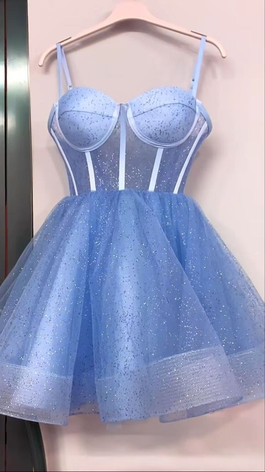 Trendy Ball Gown Spaghetti Straps Tulle Short 16th Birthday Dress Homecoming Dresses Cocktail Gown RB828