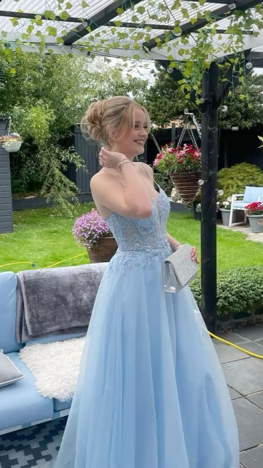 Timeless A Line Spaghetti Straps Light Sky Blue Lace Tulle Prom Dress Inspiration Long Party Formal Prom Dresses RB838