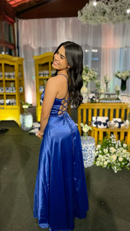 Modest A line Spaghetti Straps Royal Blue Satin Prom Dresses Inspiration Prom Dress Princess Graduation Dress RB853