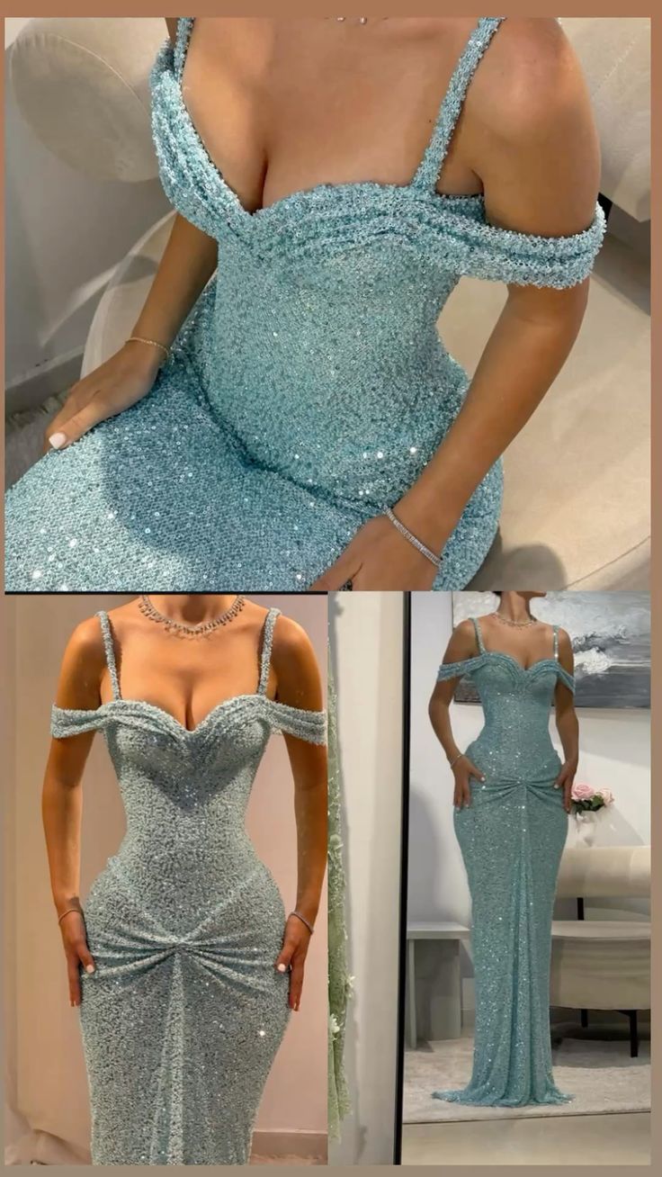 Simple Mermaid Off The Shoulder Blue Sequin Prom Dresses Party Dress 18th Birthday Outfits Graduation Dress RB858