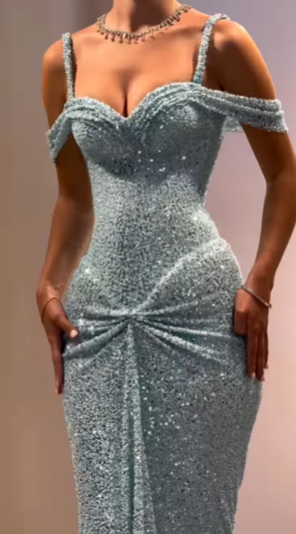 Simple Mermaid Off The Shoulder Blue Sequin Prom Dresses Party Dress 18th Birthday Outfits Graduation Dress RB858