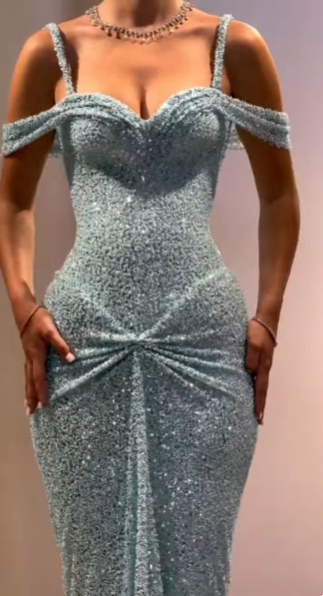 Simple Mermaid Off The Shoulder Blue Sequin Prom Dresses Party Dress 18th Birthday Outfits Graduation Dress RB858