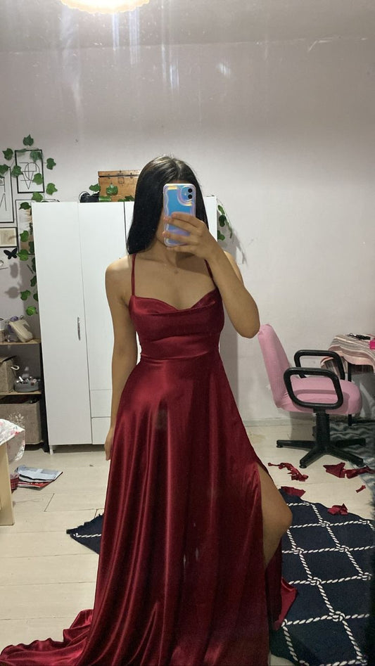 Modest A line Halter Burgundy Satin Prom Dresses Inspiration Prom Dress Princess Graduation Dress RB859