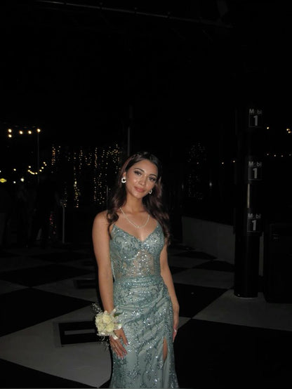 Sparkly Mermaid Spaghetti Straps Gray Slit Sequins Prom Dresses Party Dress 20th Birthday Outfits Graduation Dress RB860