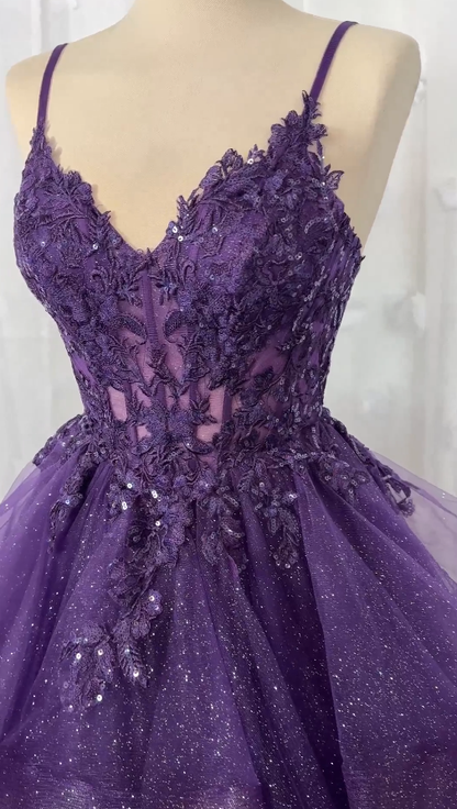 Classy Ball Gown Spaghetti Straps Dark Grape Tulle Lace Prom Dresses Party Dress 20th Birthday Outfits Graduation Dress RB868