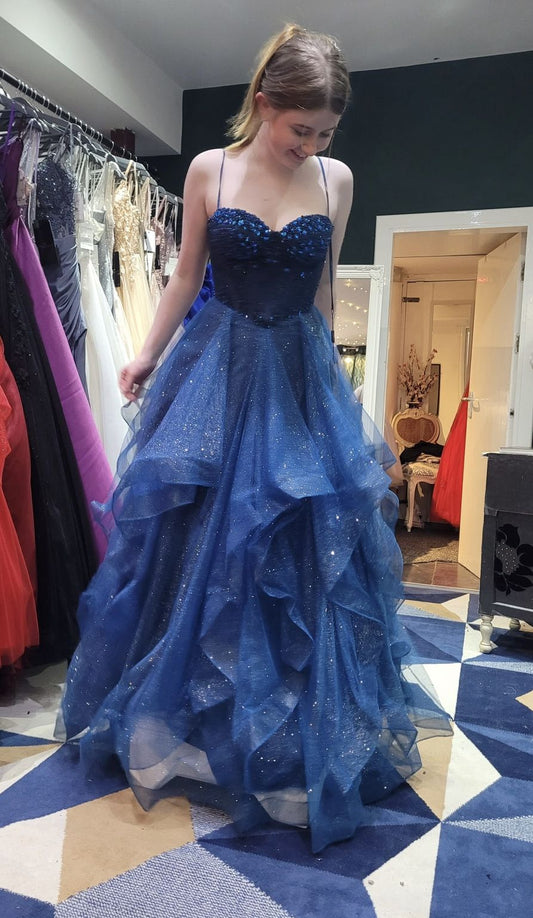 Classy Ball Gown Spaghetti Straps Navy Blue Tulle Prom Dresses Party Dress 20th Birthday Outfits Graduation Dress RB869