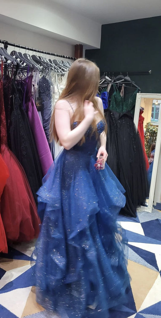 Classy Ball Gown Spaghetti Straps Navy Blue Tulle Prom Dresses Party Dress 20th Birthday Outfits Graduation Dress RB869