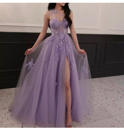 Elegant A Line One Shoulder Lilac Lace Tulle Slit Prom Dresses Party Dress 21st Birthday Outfits Senior Graduation Dress RB878
