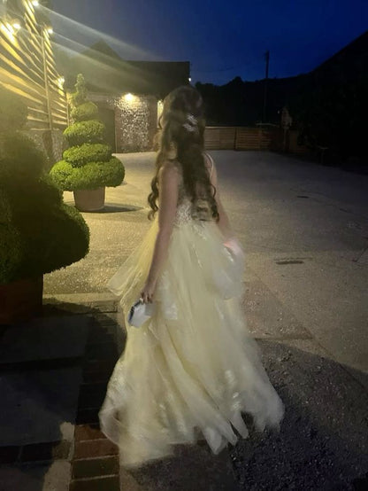 Modest Ball Gown Spaghetti Straps Yellow Lace Tulle Prom Dresses Party Dress 21st Birthday Outfits Senior Graduation Dress RB881