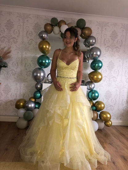 Modest Ball Gown Spaghetti Straps Yellow Lace Tulle Prom Dresses Party Dress 21st Birthday Outfits Senior Graduation Dress RB881