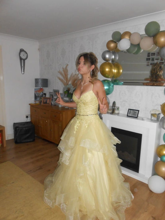 Modest Ball Gown Spaghetti Straps Yellow Lace Tulle Prom Dresses Party Dress 21st Birthday Outfits Senior Graduation Dress RB881