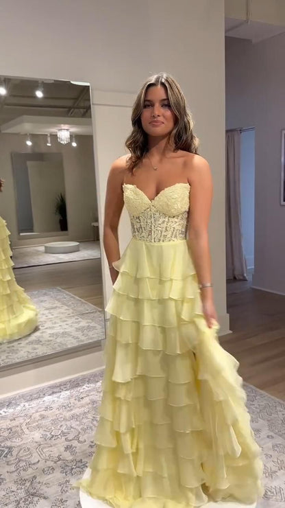 Classy Ball Gown Sweetheart Yellow Slit Chiffon Prom Dresses Party Dress 20th Birthday Outfits Graduation Dress RB883