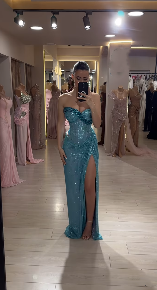 Modest Mermaid Sweetheart Blue Sequins Prom Dresses Inspiration Slit Prom Dress Princess Graduation Dress RB890