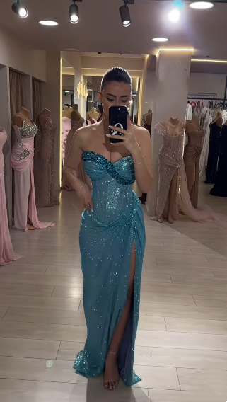 Modest Mermaid Sweetheart Blue Sequins Prom Dresses Inspiration Slit Prom Dress Princess Graduation Dress RB890