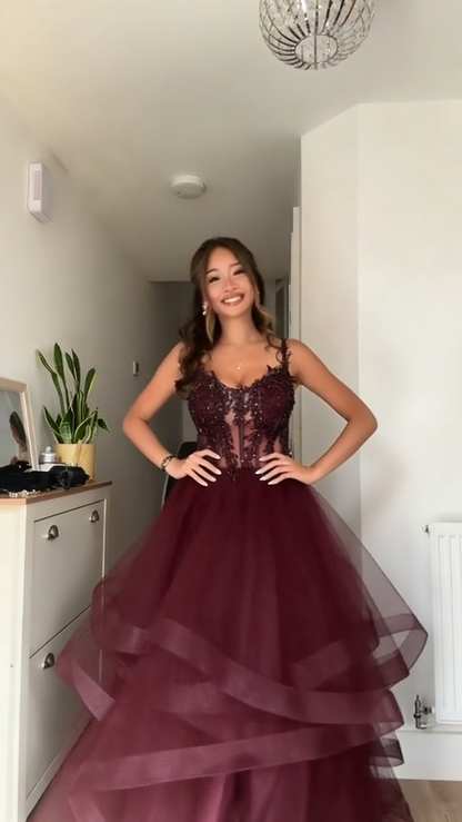 Unique Ball Gown Spaghetti Straps Navy Blue Tulle Lace Prom Dresses Party Dress 21st Birthday Outfits Graduation Dress RB896