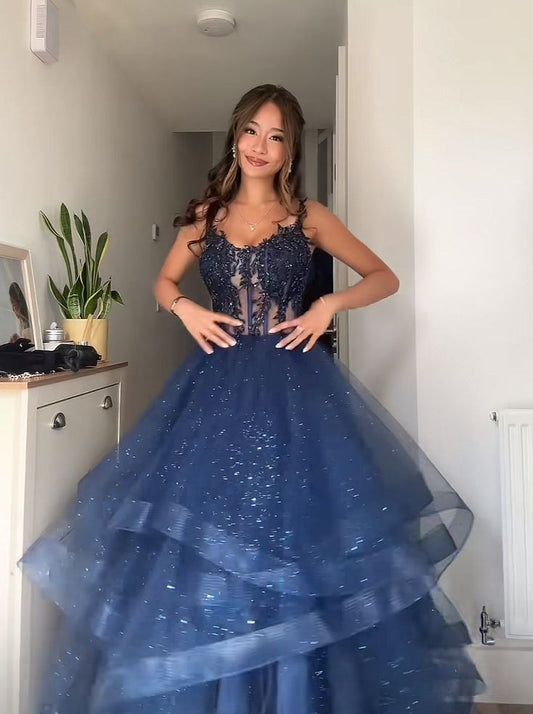 Unique Ball Gown Spaghetti Straps Navy Blue Tulle Lace Prom Dresses Party Dress 21st Birthday Outfits Graduation Dress RB896