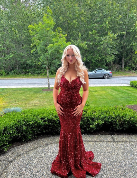 Classy Mermaid Sweetheart Burgundy Sequin Prom Dresses Fancy Party Dress 18th Birthday Outfits Evening Long Dress RB905