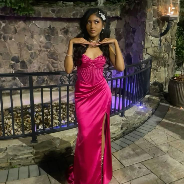Unique Mermaid Sweetheart Hot Pink Satin Beads Prom Dresses Long Party Dress 21st Birthday Outfits Graduation Dress RB909