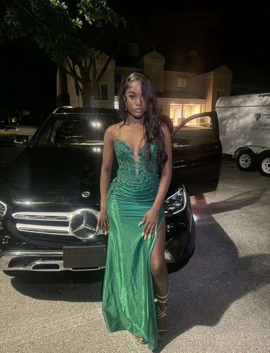Unique Mermaid Sweetheart Green Satin Lace Prom Dresses Long Party Dress 21st Birthday Outfits Graduation Dress RB912