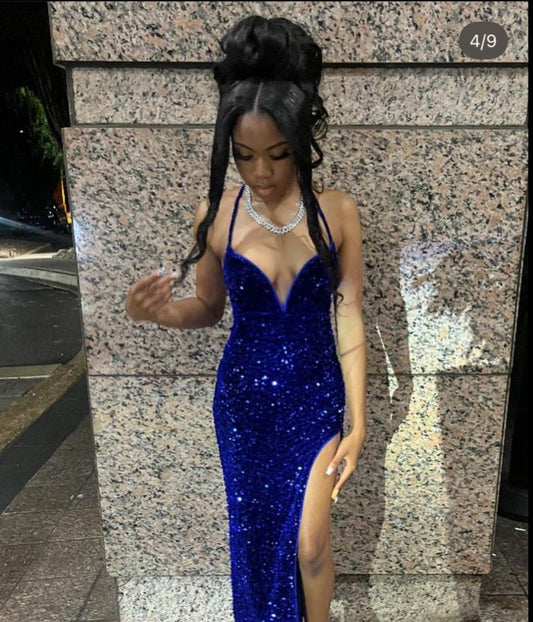 Unique Mermaid Halter Royal Blue Sequins Prom Dresses Party Dress 21st Birthday Outfits Graduation Dress RB920