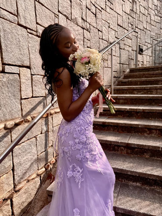Modest Mermaid Spaghetti Straps Lilac Tulle Lace Prom Dresses Inspiration Prom Dress Senior Graduation Dress RB922