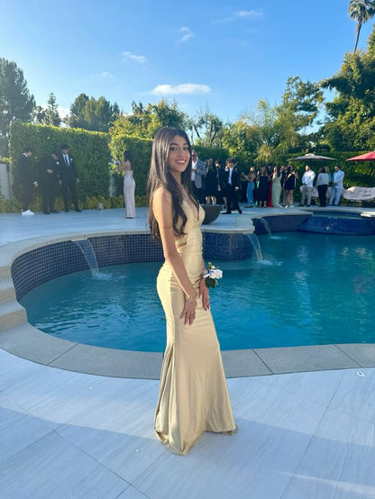Unique Mermaid Satin Gold Backless Prom Dresses Long Party Dress 21st Birthday Outfits Graduation Dress RB930