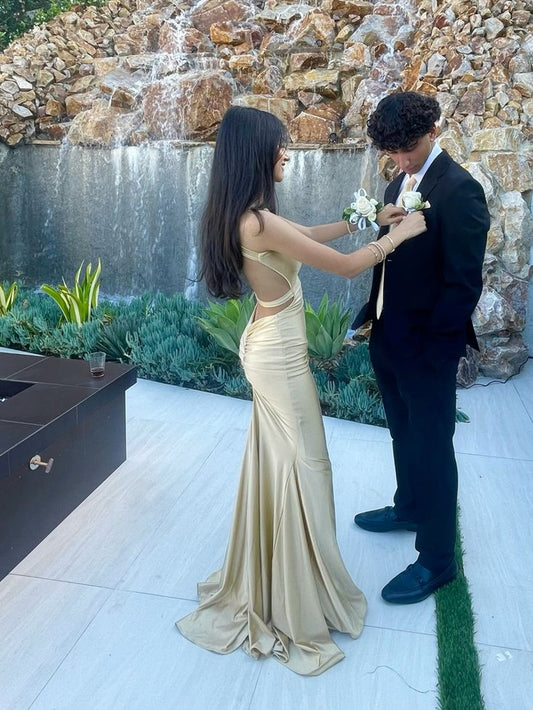 Unique Mermaid Satin Gold Backless Prom Dresses Long Party Dress 21st Birthday Outfits Graduation Dress RB930