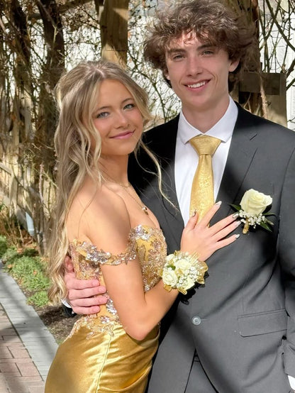Classy Mermaid Off The Shoulder Gold Slit Sequins Prom Dresses Fancy Party Dress 18th Birthday Outfits Evening Long Dress RB931