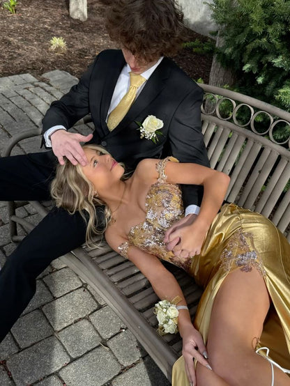 Classy Mermaid Off The Shoulder Gold Slit Sequins Prom Dresses Fancy Party Dress 18th Birthday Outfits Evening Long Dress RB931