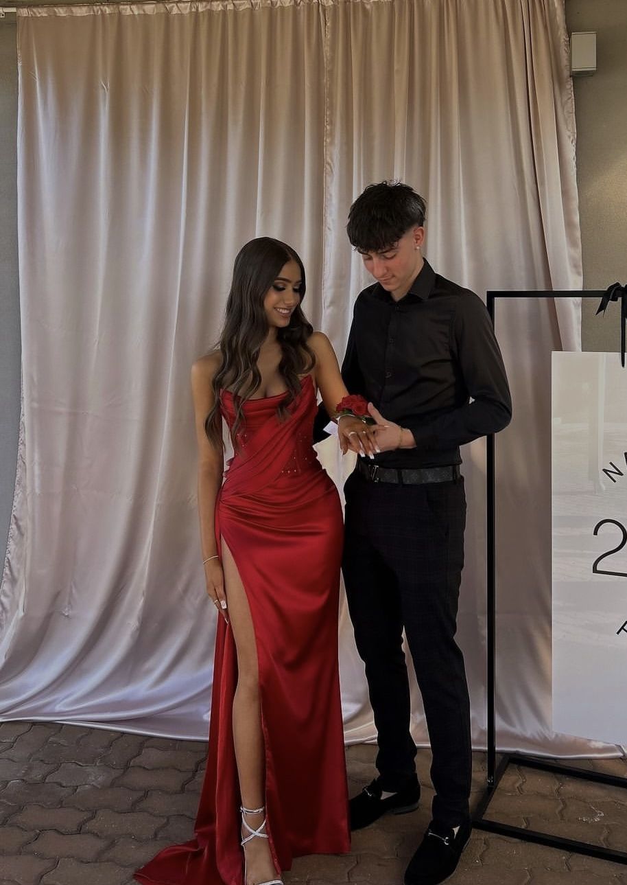 Unique Mermaid Strapless Satin Red Prom Dresses Long Party Dress 21st Birthday Outfits Graduation Dress RB934