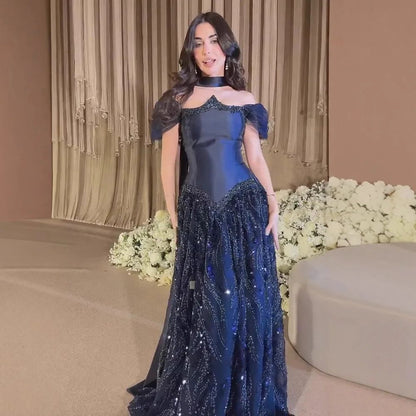 Sexy A line Off The Shoulder Navy Blue Tulle Sequin Long Prom Dresses Inspiration Prom Dress Senior Graduation Dress RB939