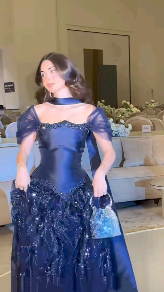 Sexy A line Off The Shoulder Navy Blue Tulle Sequin Long Prom Dresses Inspiration Prom Dress Senior Graduation Dress RB939