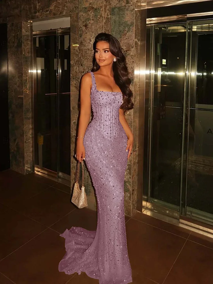 Elegant Mermaid Square Champagne Prom Dresses Party Dress 16th Birthday Outfits Senior Graduation Dress RB941