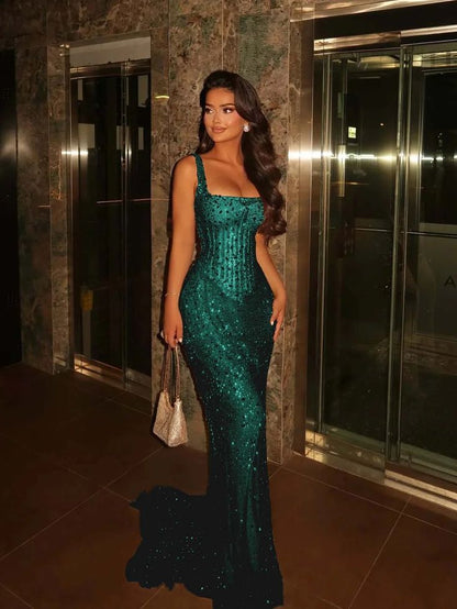 Elegant Mermaid Square Champagne Prom Dresses Party Dress 16th Birthday Outfits Senior Graduation Dress RB941