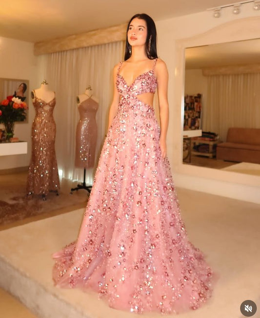 Sexy A line Spaghetti Straps Pink Sequin Long Prom Dresses Inspiration Prom Dress Senior Graduation Dress RB942