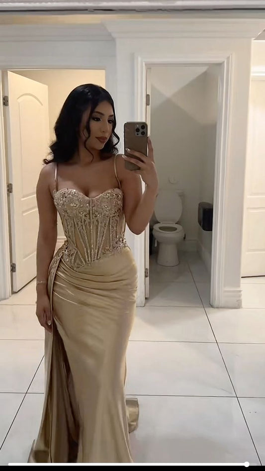 Elegant Mermaid Spaghetti Straps Gold Satin Prom Dresses Party Dress 16th Birthday Outfits Senior Graduation Dress RB945