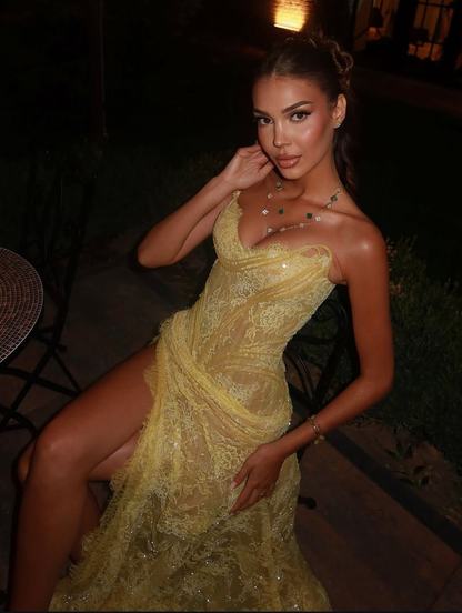 Unique Mermaid Sweetheart Yellow Lace Slit Prom Dresses Long Party Dress 21st Birthday Outfits Graduation Dress RB948