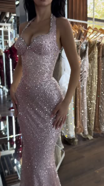 Glitter Halter Pink Long Party Dress Prom Dresses Sequin Mermaid Bodycon For Teens Girls Women N4099