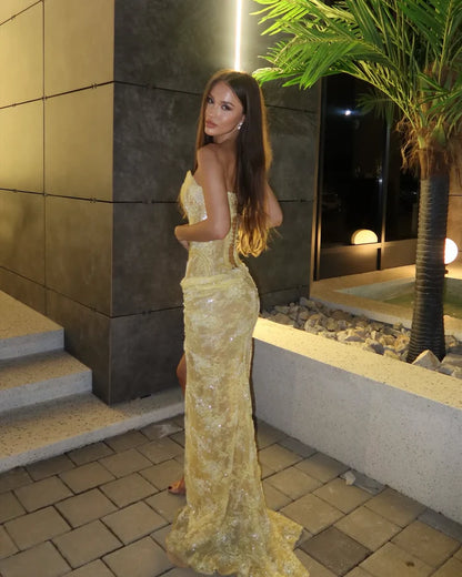 Unique Mermaid Sweetheart Yellow Lace Slit Prom Dresses Long Party Dress 21st Birthday Outfits Graduation Dress RB948