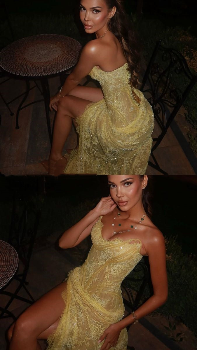 Unique Mermaid Sweetheart Yellow Lace Slit Prom Dresses Long Party Dress 21st Birthday Outfits Graduation Dress RB948