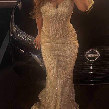 Unique Mermaid Sweetheart Champagne Sequins Prom Dresses Long Party Dress 21st Birthday Outfits Graduation Dress RB950
