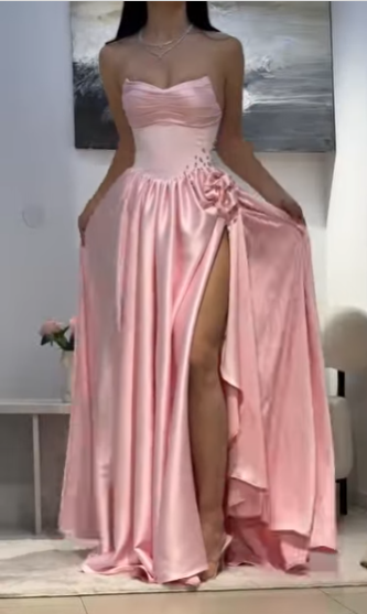 Cute A line Sweetheart Pink Satin Prom Dresses Long Party Dress 23rd Birthday Outfits Graduation Dress RB954