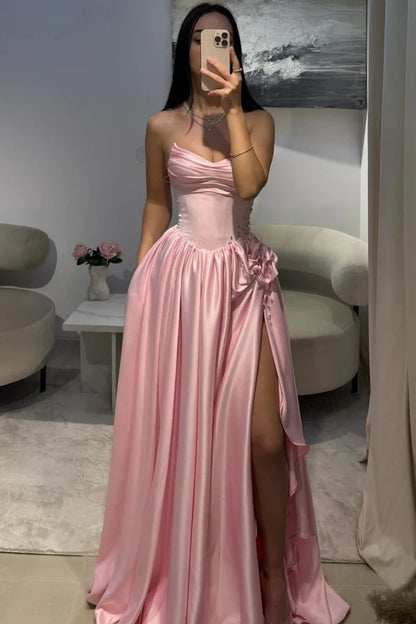 Cute A line Sweetheart Pink Satin Prom Dresses Long Party Dress 23rd Birthday Outfits Graduation Dress RB954